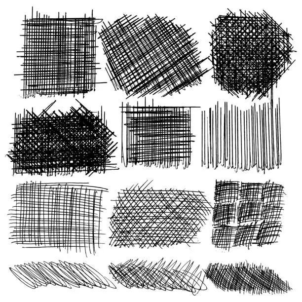 Vector illustration of vector set of ink lines, set of hand drawn textures, scribbles of pen, hatching, scratch