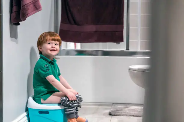 Happy Cute Redhead Little Boy Sitting on Potty Trainer