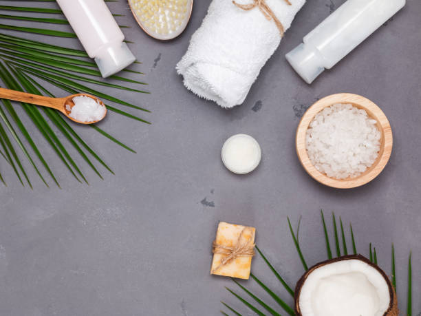istock Coconut, brush and other spa related items, top view 933967440