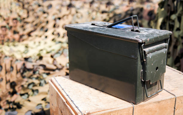 dark green steel box in military concept for collect bullet or weapon on soldier bunker background