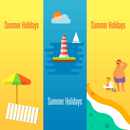 Summer holidays banner vector illustration. Sun lounger and beach umbrella on sand. Father with little son on beach. Seascape with yacht and lighthouse. Concept of holiday at sea.