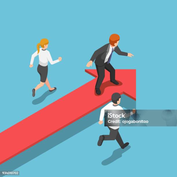 Isometric Businessman Standing On Red Arrow At Leader Position Stock Illustration - Download Image Now