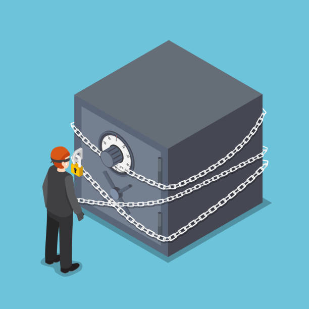 ilustrações de stock, clip art, desenhos animados e ícones de isometric thief standing in front of full security safe box. - lock currency security combination lock