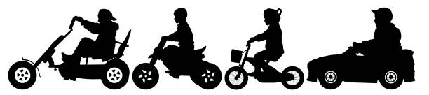 illustrations, cliparts, dessins animés et icônes de enfants de transport silhouette vecteur set. enfant sur un vélo, adolescent sur un vélo. le garçon dans la voiture pour les enfants - enfants derrière voiture vacance