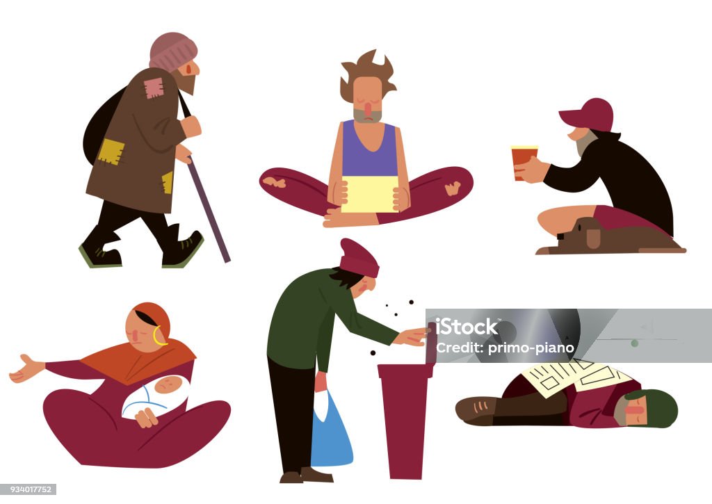 Homeless character set Homeless people, tramps, beggars and panhandlers characters isolated on white background vector illustration Homelessness stock vector