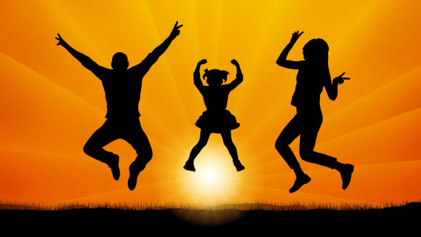istock Family with baby jumping at sunset, silhouette vector 934017976