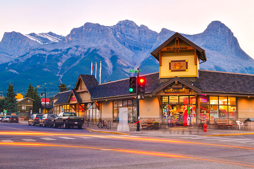 The streets of Canmore in canadian Rocky Mountains. Canmore is located in the Bow Valley near Banff National park and one of the most famous town in Canada
