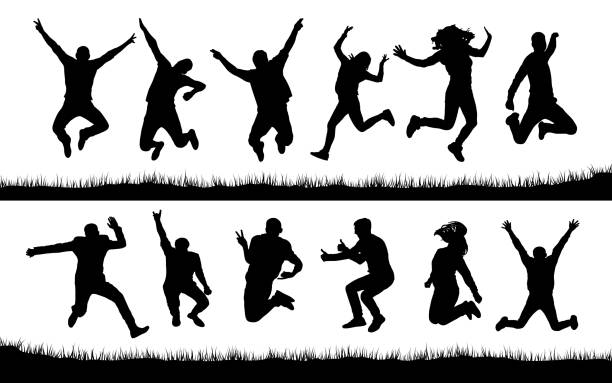 ilustrações de stock, clip art, desenhos animados e ícones de happy jumping people silhouettes - women jumping bouncing spring