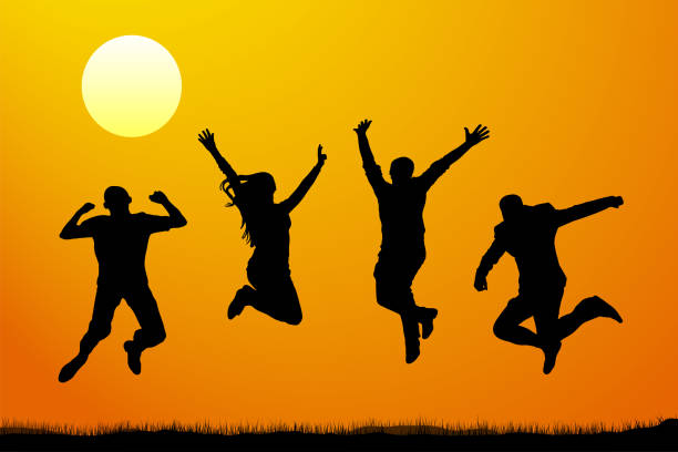 ilustraciones, imágenes clip art, dibujos animados e iconos de stock de personas en la puesta de sol, silueta de vector de salto - healthy lifestyle jumping people happiness