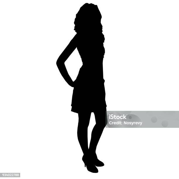 Silhouette Of Slim Beautiful Woman With Long Legs Clothed In Cocktail Dress And High Heels Standing With Hands On Her Hips Vector Stock Illustration - Download Image Now