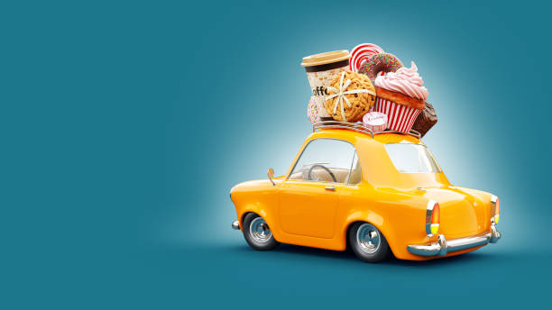 istock Cute fantastic chocolade car with sweets and coffee on top. 934025364