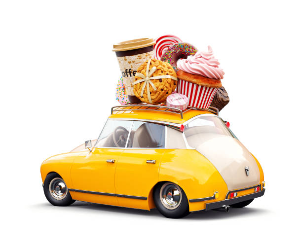 istock Cute fantastic chocolade car with sweets and coffee on top. 934025394