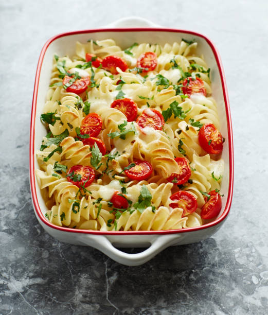 Pasta bake with mozzarella and cherry tomatoes