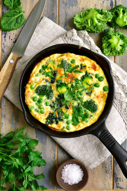istock Spring omelette with green vegetables (broccoli, sweet pea and spinach) in a skillet 934053474