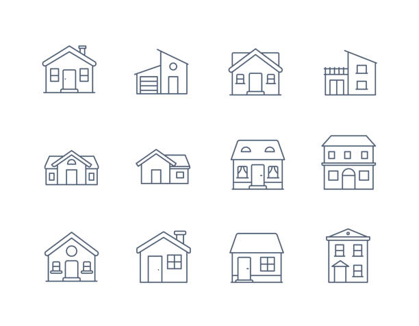 ilustraciones, imágenes clip art, dibujos animados e iconos de stock de casa línea icono vector icono de hogar / construcción de viviendas - icono de la delgada línea de vector - facade