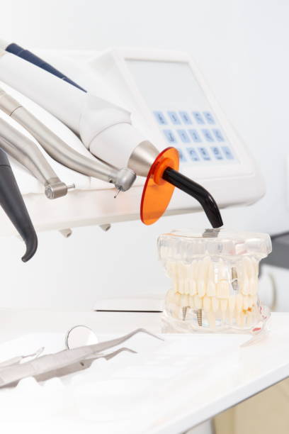 istock Dental jaw model and tools with instruments used by dentists in stomatology office 934066504