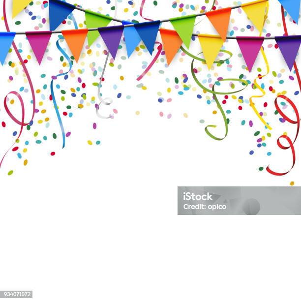 Garlands Streamers And Confetti Background Stock Illustration - Download Image Now - Confetti, Birthday, Celebration