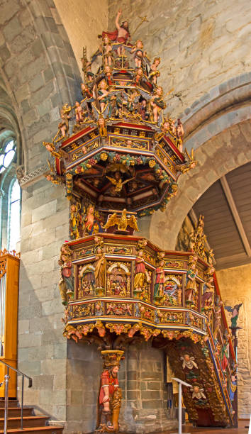Ornate pulpit in church Ancient pulpit in old Norwegian Lutheran church stavanger cathedral stock pictures, royalty-free photos & images