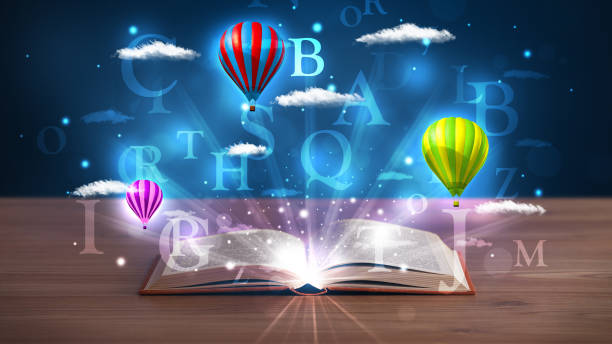 istock Open book with glowing fantasy abstract clouds and balloons 934095424