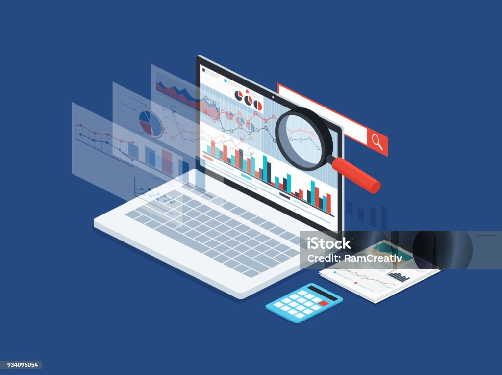 Statistique de données et le développement de l’analyse. Conception moderne de la stratégie d’entreprise, recherche d’information, marketing digital, processus de programmation. - clipart vectoriel de Perspective isométrique libre de droits