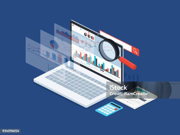 Statistique De Données Et Le Développement De Lanalyse Conception Moderne De La Stratégie Dentreprise Recherche Dinformation Marketing Digital Processus De Programmation Vecteurs libres de droits et plus d'images vectorielles de Perspective isométrique