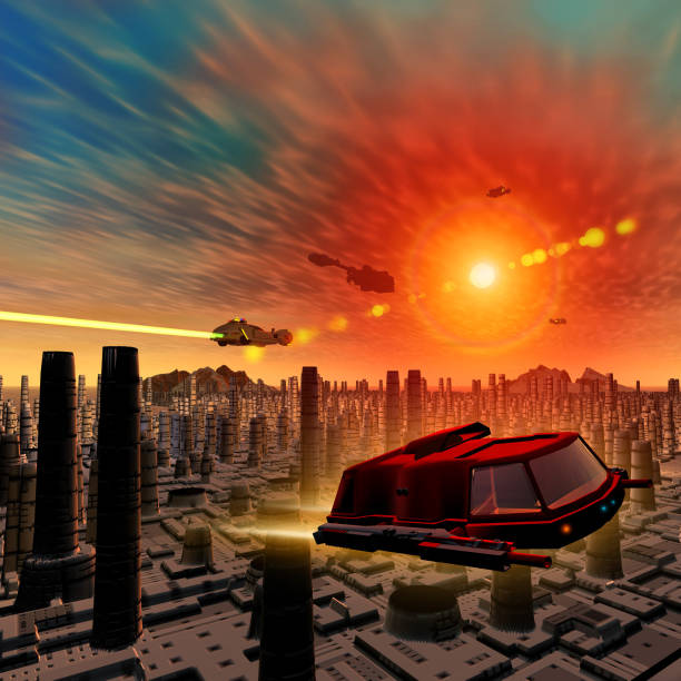 istock Spaceships flying over the alien city 934102416