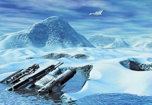 wreckage of spaceship abandoned in the ice by the sea on an unknown planet, in the background another spaceship explores the planet, 3d illustration