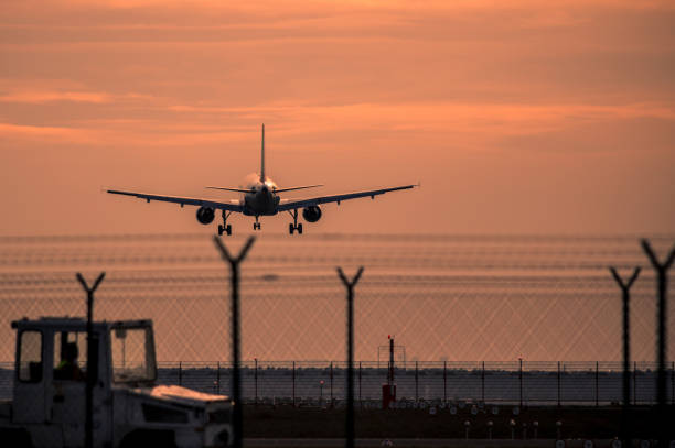 istock Airplane landing at sunset 934107856