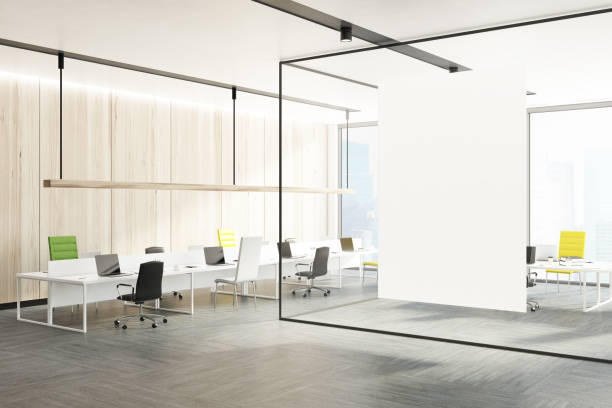 istock Office interior, green and yellow chairs, wall 934120268