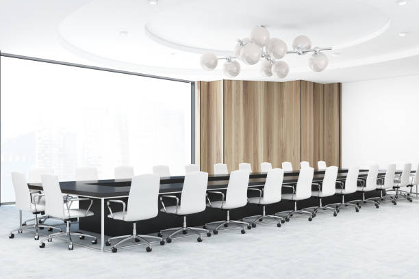 istock Panoramic wooden meeting room, white chairs 934122600