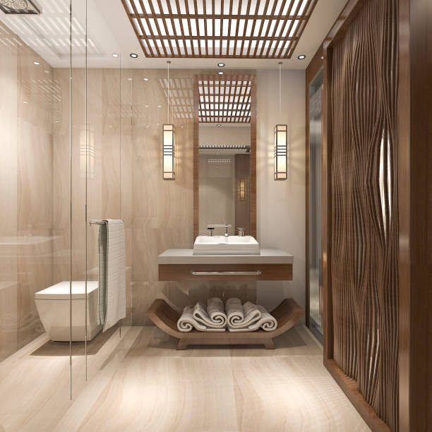 3d rendering modern luxury wood bathroom in suite hotel stock photo