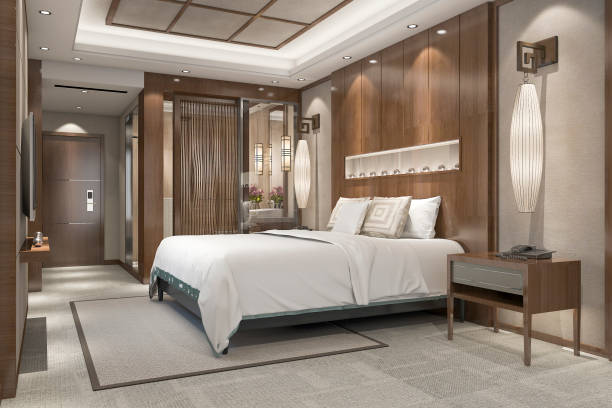 3d render lujo moderno dormitorio en suite en complejo con cuarto de baño - hotel room bedding domestic room hotel suite fotografías e imágenes de stock