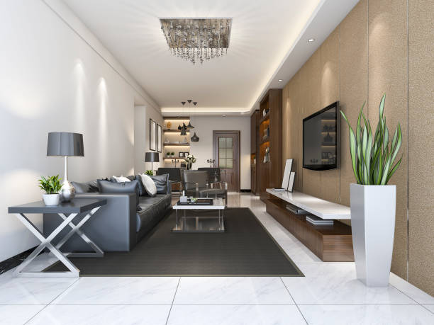 istock 3d rendering luxury and modern living room near kitchen 934123546
