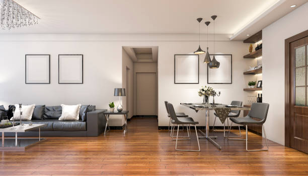 istock 3d rendering luxury and modern living room near kitchen 934123560