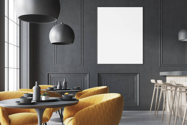 Black loft cafe interior with a bar, poster