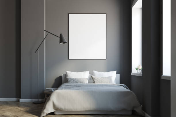 istock Dark gray bedroom interior with a poster 934129016