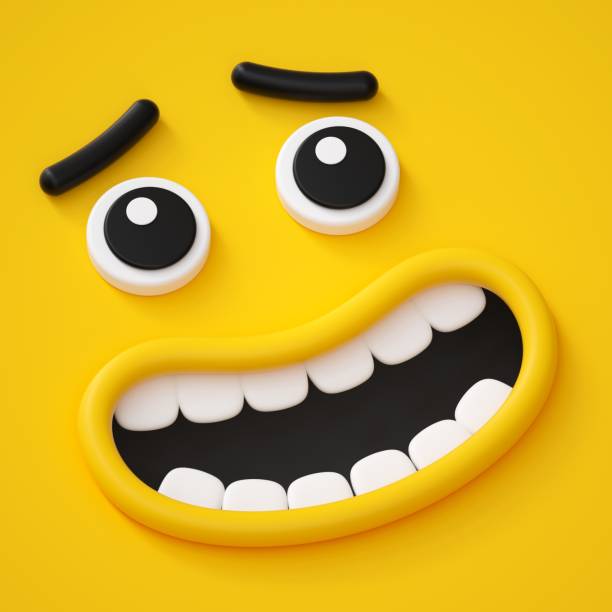 rendering 3d, viso infantile carino, sorriso, emozione stupita, emoji, emoticon, mostro divertente - toothless smile foto e immagini stock