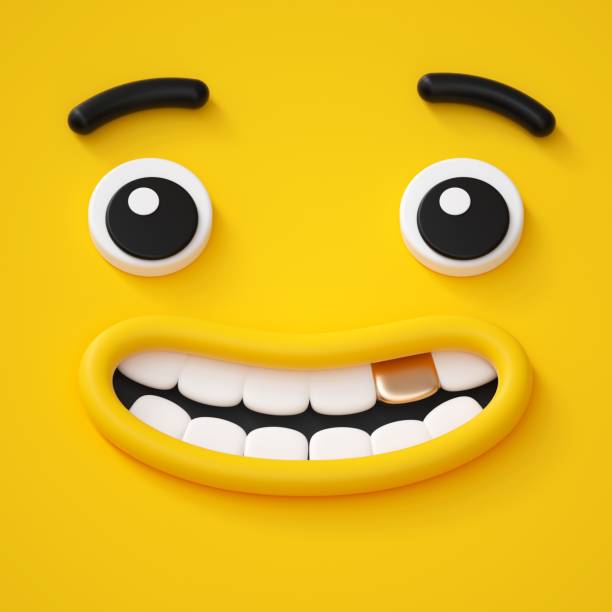 rendering 3d, viso infantile carino, sorriso con dente d'oro, emozione stupita, emoji, emoticon, mostro giallo divertente - toothless smile foto e immagini stock