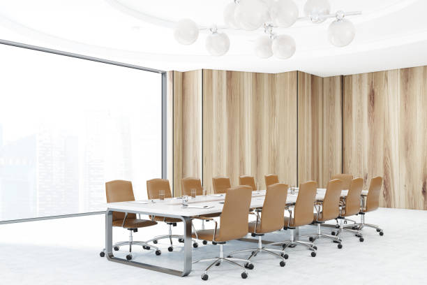 istock Panoramic wooden meeting room, beige chairs 934129696
