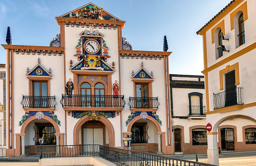View of picturesque Palos de la Frontera village and its colorful Town Hall building; this historic town was the departure site of Columbus in his discovery journey.