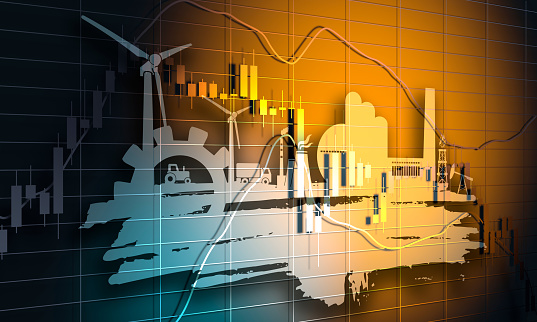 Forex candlestick pattern. Trading chart concept. Financial market chart. Energy and Power icons set and grunge brush stroke. Energy generation and heavy industry. 3D rendering