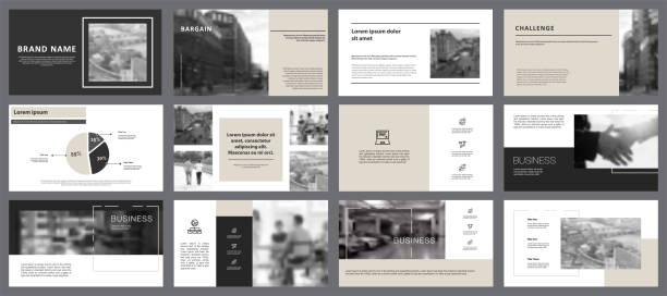 Recruitment Charts Slide Templates Set Grey, white and black infographic elements for presentation slide templates. Business and recruitment concept can be used for financial report, advertising, flyer layout and leaflet. page number design stock illustrations