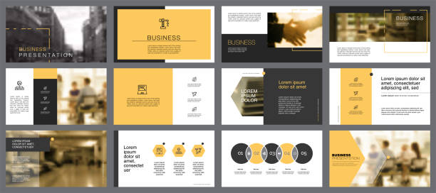 Research Charts Slide Templates Set Yellow, white and black infographic elements for presentation slide templates. Business and research concept can be used for annual report, promotion, poster layout and banner. powerpoint template stock illustrations