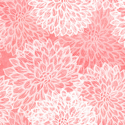 Dalhia Seamless Vector Pattern - Ink Drawing with Watercolor Texture