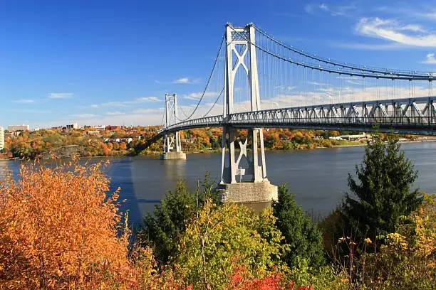 Mid Hudson Bridge on a fine fall day looking across the Hudson River from Highland to Poughkeepsie, New York