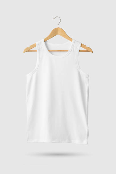 istock Blank White Tank Top Shirt Mock-up on wooden hanger, front side view. 934193564