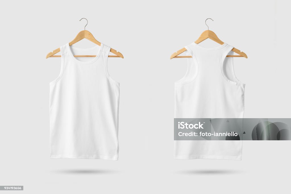 Blank White Tank Top Shirt Mock-up on wooden hanger, front and rear side view. Blank White Tank Top Shirt Mock-up on wooden hanger, front and rear side view. 3D Rendering. Coathanger Stock Photo