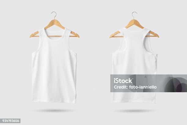 Blank White Tank Top Shirt Mockup On Wooden Hanger Front And Rear Side View Stock Photo - Download Image Now