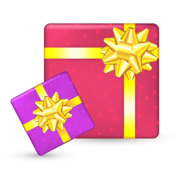 Vector illustration of Big yellow bow on a gift box top view. EPS10 vector birthday background