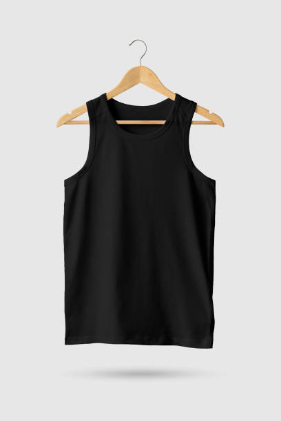 istock Black Tank Top Shirt Mock-up on wooden hanger, front side view. 934194044